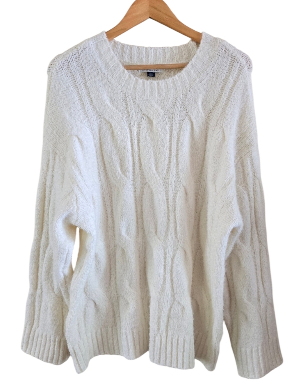 American Eagle Cream Cable Knit Oversized Crewneck Sweater Large Coquette Soft - Picture 2 of 7